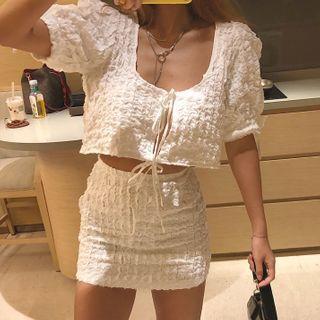 Set: Puff-sleeve Cropped Blouse + Mini Pencil Skirt