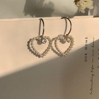 Rhinestone Faux Pearl Heart Dangle Earring 1 Pair - Ear Pin - Silver - One Size