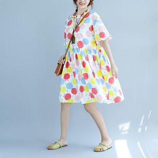 Elbow-sleeve Shirred Patterned Midi Dress