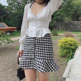 High-waist Woolen Houndstooth A-line Skirt