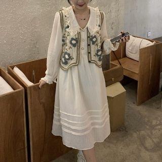 Long-sleeve Lapel Dress / Embroidered Vest