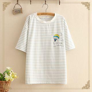 Hot Air Balloon Embroidered Striped Short-sleeve Top