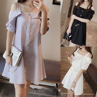 Elbow-sleeve Cold Shoulder A-line Chiffon Dress