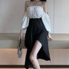 Set: Long-sleeve Off-shoulder Top + Midi Skirt