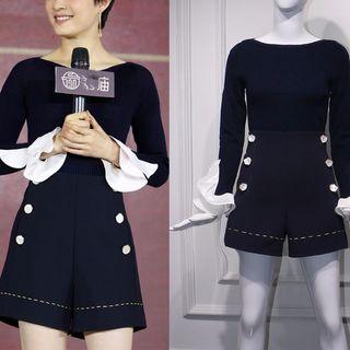 Contrast-trim Ruffled Knit Top / Buttoned Shorts