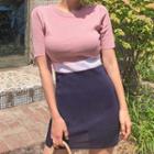 Short-sleeve Color Block Knit Sheath Dress
