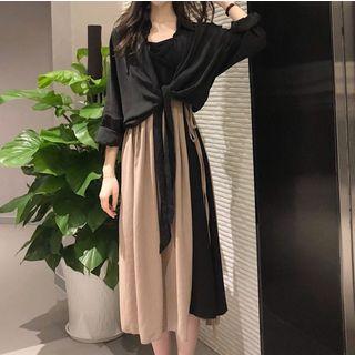 Tie-front Plain Top / Sleeveless Panel Midi Dress