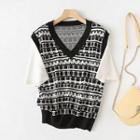 Short-sleeve Mock Two-piece Patterned Sweater Black - One Size
