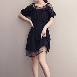 Lace Trim Short Sleeve Band Waist Dress