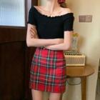 Off-shoulder Short-sleeve Top / Plaid Mini Pencil Skirt