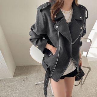 Epaulet Zip-trim Woolen Biker Jacket With Belt