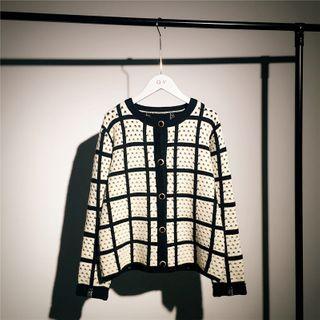 Round-neck Gingham Knitted Cardigan