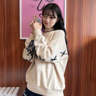 Long-sleeved Loose-fit Crewneck Strappy Plain Sweatshirt