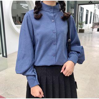 Lantern-sleeve Stand Collar Plain Blouse