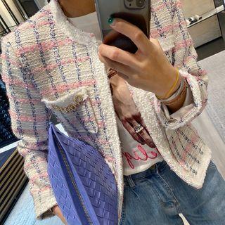 Round-neck Tweed Jacket Pink - One Size