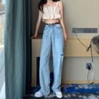 Ruffle Cropped Camisole Top / Ripped Wide-leg Jeans