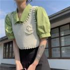Short-sleeve Plain Blouse / Cropped Knit Vest