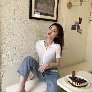 Short-sleeve Zip-up Ribbed Cardigan