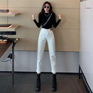 Cropped Straight Leg Jeans/ Long-sleeve Plain Top