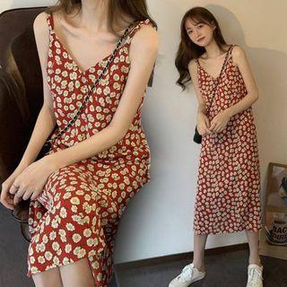 V-neck Floral Sleeveless Suspender Skirt