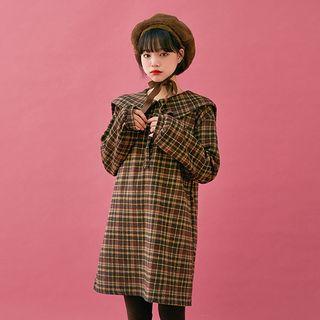 Wide-collar Half-placket Plaid Minidress