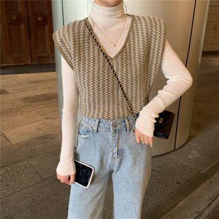 Striped V-neck Knit Vest / Turtleneck Long Sleeve Top