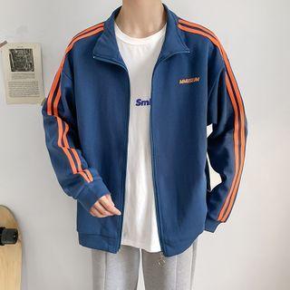 Long Sleeve Striped Lettering Zip Jacket