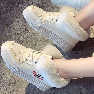 Furry Trim Embroidered Platform Sneakers