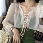 Long-sleeve Lace-up Sheer Crop Top Almond - One Size