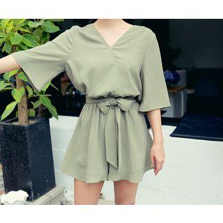 V-neck Ruffle-hem Playsuit With Sash