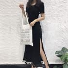 Tassel Hem Cross Back Short-sleeve A-line Midi Dress