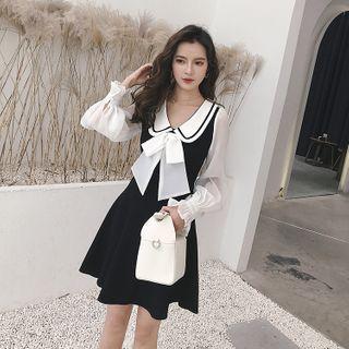 Two-tone Panel Bow Mini A-line Dress