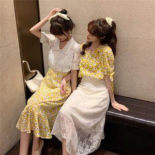 Short-sleeve Floral Print Blouse / Short-sleeve Lace Shirt / Midi A-line Skirt