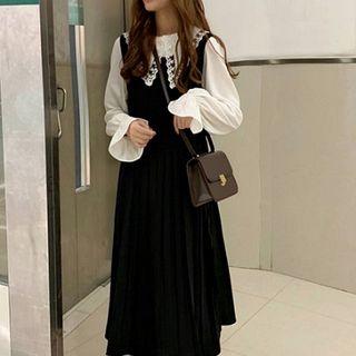 Plain Lace Long-sleeve Blouse / Plain Sleeveless Acrylic Pleated Dress