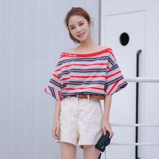 Elbow-sleeve Boatneck Striped T-shirt