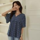 Bell-sleeve Shirred Floral Top
