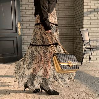 Tiered Lace Floor-length Skirt Beige - One Size