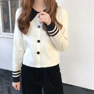 Color-block Lapel Long-sleeve Slim-fit Knit Top
