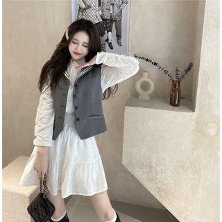 Stand-collar Ruffle Trim Blouse / Mini A-line Skirt