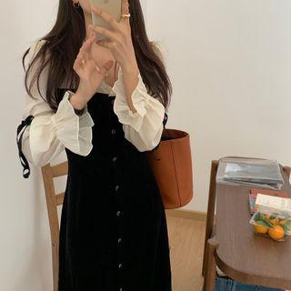 Mock Two Piece Bell-sleeve Plain Velvet Dress Black - One Size