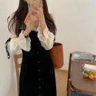 Mock Two Piece Bell-sleeve Plain Velvet Dress Black - One Size