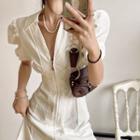 Puff-sleeve V-neck Shirtdress