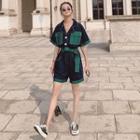 Elbow-sleeve Notch Lapel Two-tone Romper