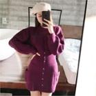 Set: Balloon-sleeve Sweater + Button-front Mini Skirt Purple - One Size