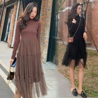 Long-sleeve Mesh Overlay A-line Midi Dress