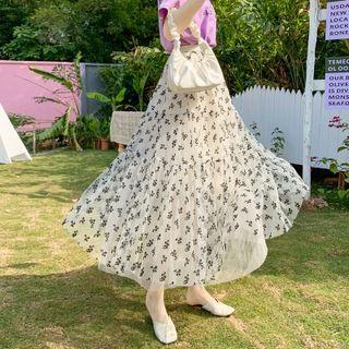 Floral Print Mesh Maxi A-line Skirt