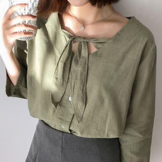Plain Tie Front 3/4 Sleeve Blouse