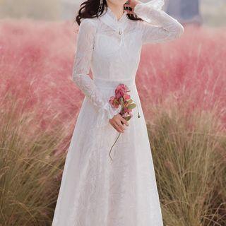 Long-sleeve Mock-neck Lace Midi A-line Lace Dress