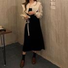 Long-sleeve Mock Two Piece Midi A-line Dress Black - One Size