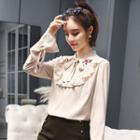 Floral Embroidered Ruffled Long-sleeve Chiffon Blouse
